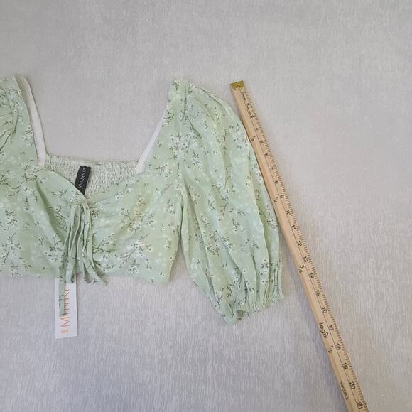 Mink Pink Johanna puff sleeve crop smocked milkmaid floral sage top Sz small - Picture 5 of 10